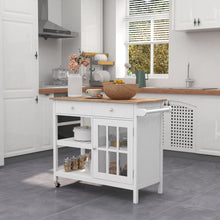 Load image into Gallery viewer, ChooChoo Rolling Kitchen Island, Portable Kitchen Cart Wood Top Kitchen Trolley with Drawers and Glass Door Cabinet, Wine Shelf, Towel Rack, White