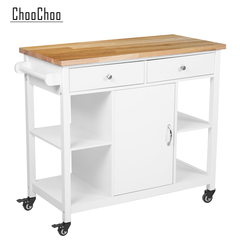 ChooChoo Rolling Kitchen Island, Portable Kitchen Cart Wood Top Kitchen  Trolley with Drawers and Glass Door Cabinet, Wine Shelf, Towel Rack, White