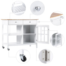 Load image into Gallery viewer, ChooChoo Rolling Kitchen Island, Portable Kitchen Cart Wood Top Kitchen Trolley with Drawers and Glass Door Cabinet, Wine Shelf, Towel Rack, White