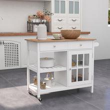 Load image into Gallery viewer, ChooChoo Rolling Kitchen Island, Portable Kitchen Cart Wood Top Kitchen Trolley with Drawers and Glass Door Cabinet, Wine Shelf, Towel Rack, White
