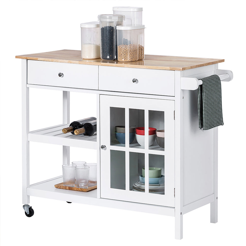 ChooChoo Rolling Kitchen Island, Portable Kitchen Cart Wood Top Kitchen Trolley with Drawers and Glass Door Cabinet, Wine Shelf, Towel Rack, White